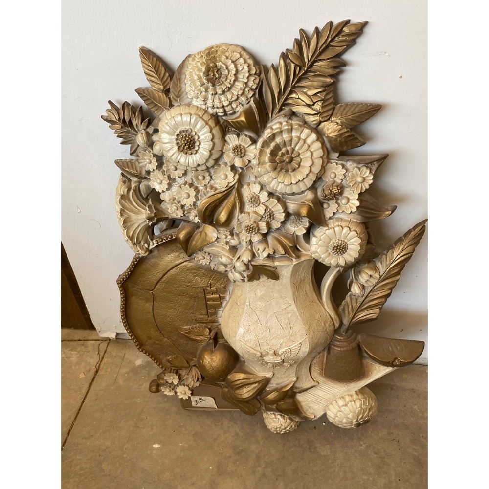 Vintage 60s Syroco Floral Wall Hanging Gold Cream Large 3D Relief Sculpture 4531
